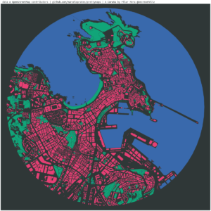 Mapa da cidade da coruña en verde e maxenta, cun corte circular